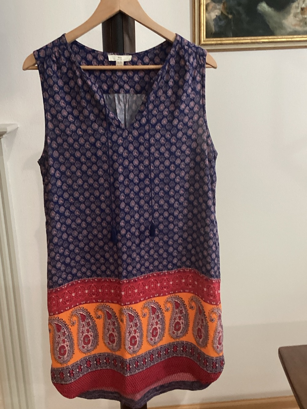 Sleeveless High-Low Dress with Paisley Border - Navy, Red & Orange